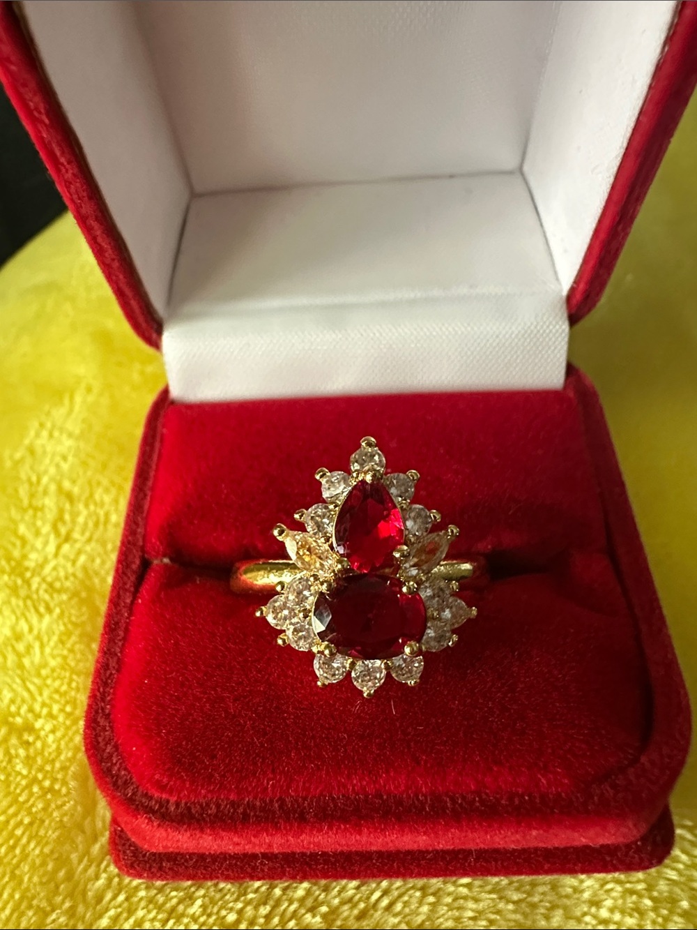 Gold tone Ring with Red Gemstone and Clear Accents - Women Jewelry
